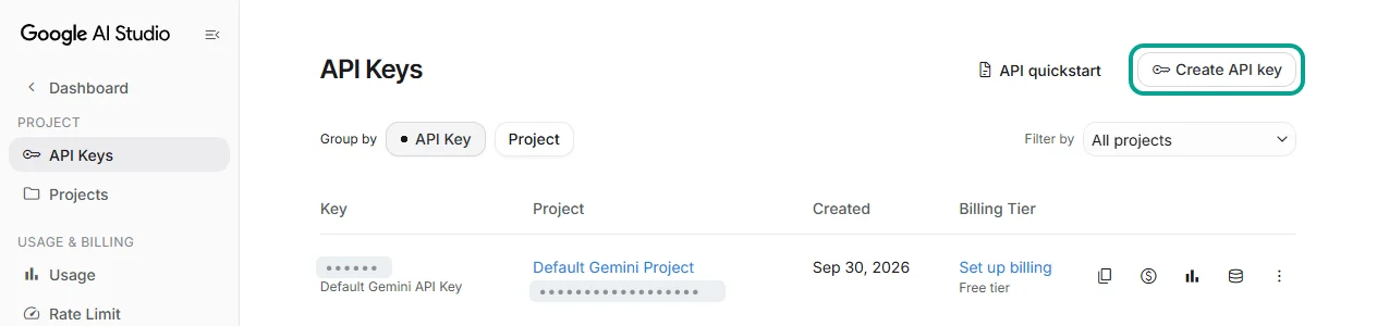 Bấm Create API key